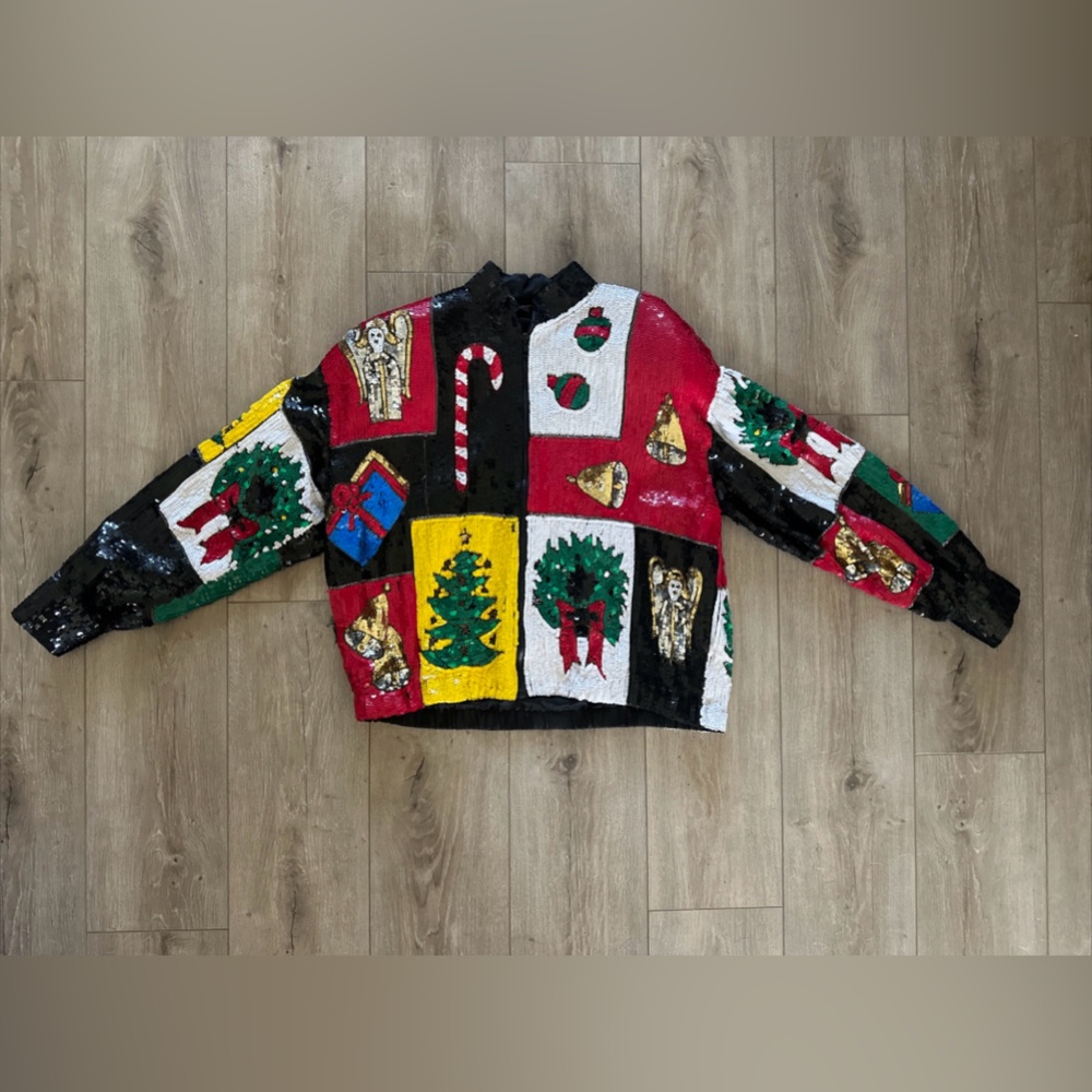 Vintage Modi Full‎ Sequin Embellished Santa Christmas  Theme Bomber Jacket 2-4